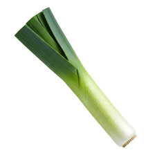 A fresh leek, with vibrant green leaves transitioning to a pale base, angled diagonally on a clean white background