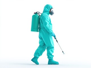 person in a hazmat suit spraying disinfectant