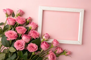 Obraz premium Pink Roses Beside Empty Frame on Pink Background