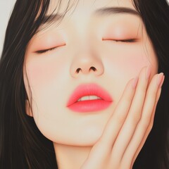 Obraz premium close-up portrait of a young woman with her eyes closed and hand on her face