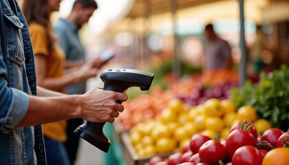 Vibrant market moment with a portable barcode scanner used at an open-air market scanning fresh produce tags