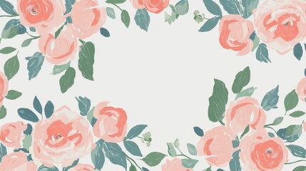 Soft Pink Roses Frame with Green Leaves on Light Background