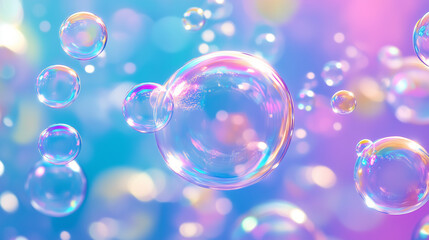 Iridescent soap bubbles drifting weightlessly across soft pastel gradient, reflecting delicate rainbow-like shimmer