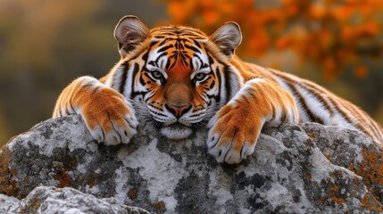 Obraz premium Majestic tiger resting on rock, autumn forest. Wildlife nature photography