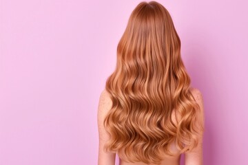 Naklejka premium Back view of red-haired woman, soft and sleek wavy hair, natural shine and texture, isolated on pink background, radiant and polished look, minimalistic hairstyle concept.