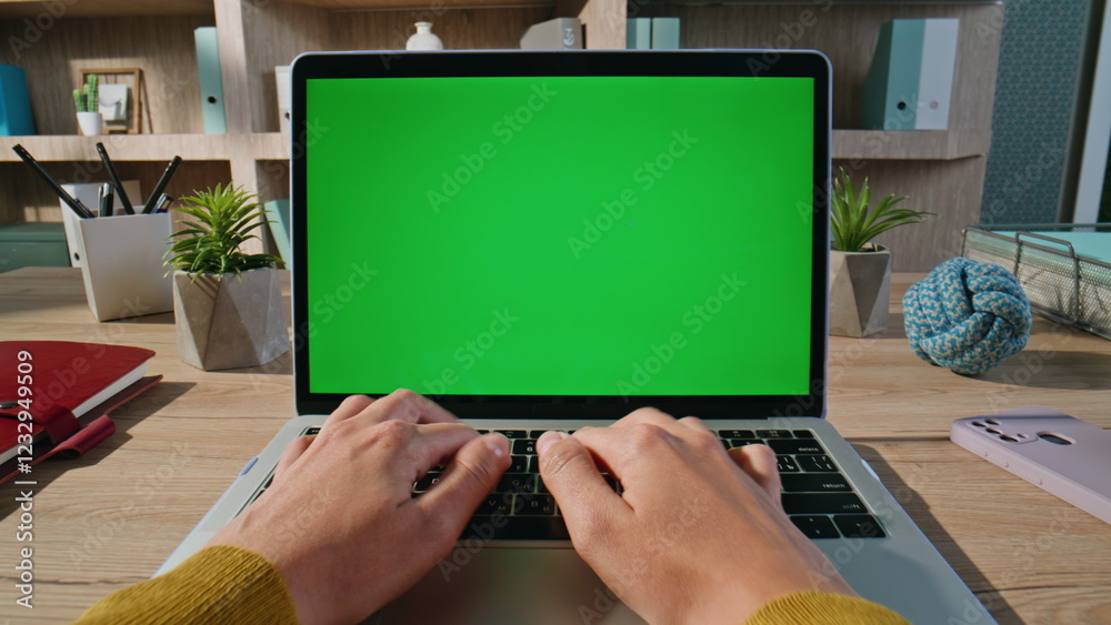 Wall mural programmer hands coding green screen laptop at workspace closeup. woman typing