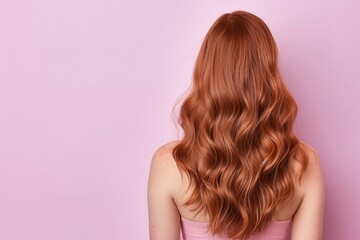 Fototapeta premium Back view of red-haired woman, soft and sleek wavy hair, natural shine and texture, isolated on pink background, radiant and polished look, minimalistic hairstyle concept.