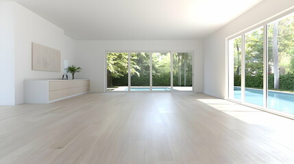 Fototapeta premium Modern empty room, pool view, sunlight, hardwood floor, home interior design