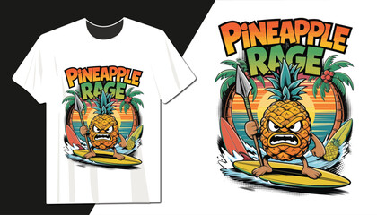 Fierce Pineapple Warrior Surfing with Rage Tropical T-Shirt Design – Bold Cartoon Graphic Tee for Beach, Summer, and Adventure Lovers