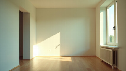 Obraz premium Empty Room with White Walls, Parquet Flooring, and Natural Light Casting Gentle Shadows