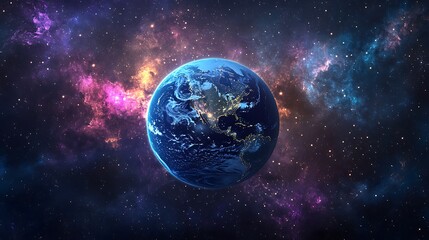 Obraz premium Serene Earth floats amidst nebulas in cosmic expanse, shining light on galaxy canvas