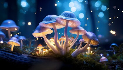 Generated image A cluster of pastel-colored mushrooms glowing softly in the dark underbrush of an enchanted