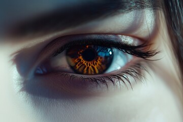 Close-up of a womana??s dark amber-brown eye, with sharp contrasts and fine patterns within the iris, captured in