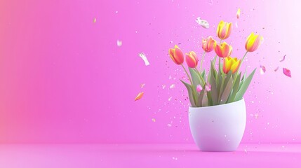 Pink Background with Yellow and Orange Tulips Emerging from an Egg