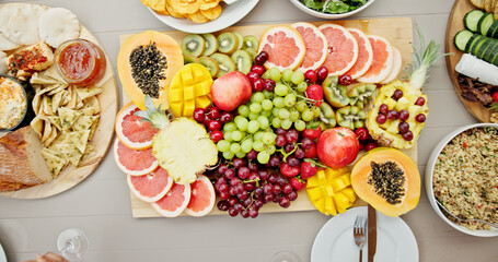 Food, platter and above with fruit for healthy nutrition, diet or hospitality at luxury resort or hotel. Top view, organic meal or vegetables with variety for brunch, snack or accommodation at lodge
