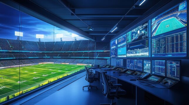 Stadium control room with large monitors displaying game data and stadium view.