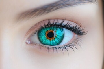 Obraz premium Close-up of a womana??s bright turquoise eye with sharp details and striking patterns in the iris, captured in
