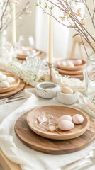 An Easter table with wooden plates, linen napkins, and stone candle holders. Willow branches in a vase, pastel hues, and hand-dyed eggs create an airy, harmonious, and whimsical atmosphere.