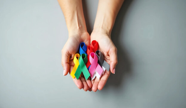 World cancer day (February 4). colorful awareness ribbons; blue, red, green, black, grey, white, pink and yellow color for supporting people living and illness