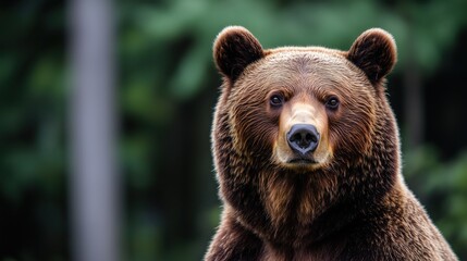 Portrait of a brown bear standing majestically in a blurred green forest