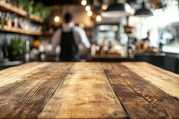 Rustic Wooden Table in a Blurred Cafe Setting
