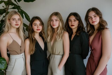 Obraz premium Group of five young women posing together in casual dresses for a stylish indoor portrait
