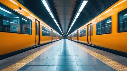 Subway trains passing each other on opposite tracks in a tunnel