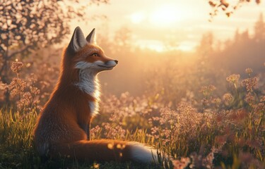 Fox stands majestically in golden light among tall grass during early morning hours in a serene landscape