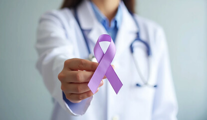 Doctor with purple ribbon for world cancer day, lupus, Pancreatic, Esophageal, Testicular cancer, world Alzheimer, epilepsy, Sarcoidosis, Fibromyalgia