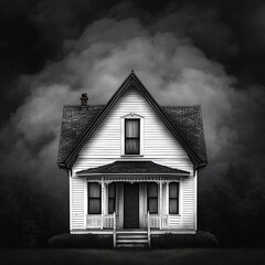 Weathered House Amidst Ominous Skies White Siding and Shingles Creating Spooky Atmosphere