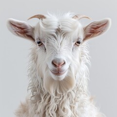 Obraz premium White Goat Portrait With Small Horns And Fur Looking Straight Ahead On A Light Grey Background