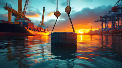 Sunset port crane lifts buoy, cargo ship, sunset