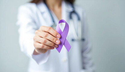 Doctor with purple ribbon for world cancer day, lupus, Pancreatic, Esophageal, Testicular cancer, world Alzheimer, epilepsy, Sarcoidosis, Fibromyalgia