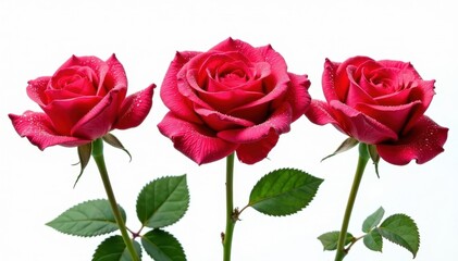 Obraz premium Three dewy roses, isolated on white background, macro, image