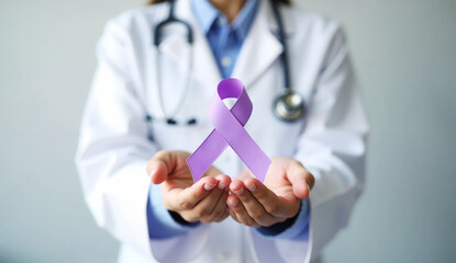 Doctor with purple ribbon for world cancer day, lupus, Pancreatic, Esophageal, Testicular cancer, world Alzheimer, epilepsy, Sarcoidosis, Fibromyalgia