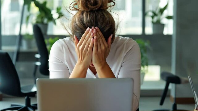 A woman is sitting at a desk with a laptop open in front of her. She is looking at the screen with a worried expression on her face
