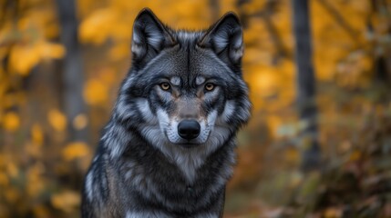 Gray wolf with intense yellow eyes standing in an autumnal forest