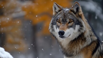 Obraz premium Gray wolf with light snowfall and colorful autumn background, looking intensely