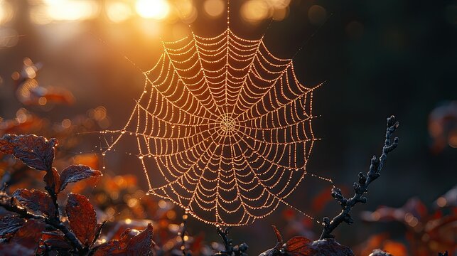 Dewdrops adorn a spiderweb at sunrise illuminating nature