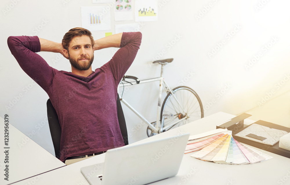 Poster Portrait, relax and man at desk, laptop and completed task with architecture, finished project and calm. Person, face and employee in office, computer and internet with confidence and engineering