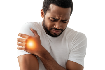 Close-up of man holding his shouder in pain, isolated on transparent cutout background