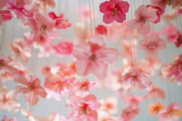 Beautiful display of hanging pink flowers creating a serene atmosphere in a bright indoor space