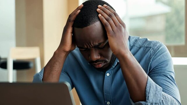 A man is sitting at a table with a laptop in front of him. He is looking at the screen with a worried expression on his face
