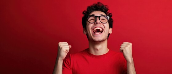 excited young man celebrating success with fists raised