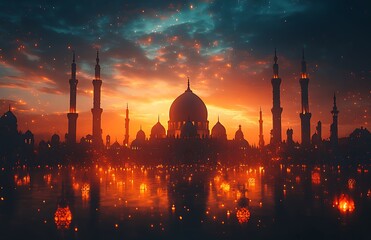 Fototapeta premium Illuminated Mosque with Glowing Minarets at Sunset, Reflected on Water with Floating Lanterns