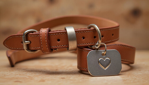 Leather dog collar with heart tag on wooden background, pet symbolism