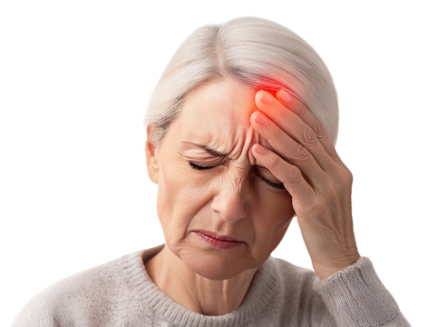 Elderly woman suffering from a severe headache, holding her forehead in pain, isolated on transparent cutout background