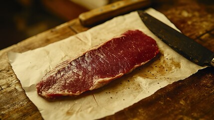 Raw steak on butcher paper, kitchen prep