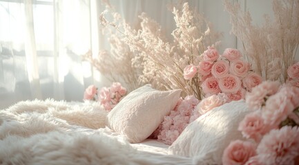 Soft pink flowers surround a cozy bed in a serene and inviting bedroom setting