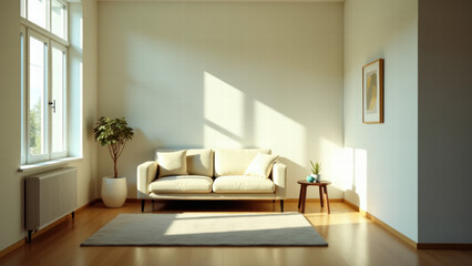 Fototapeta premium Living Room with Large Window and Contemporary Design, Featuring a Cozy Sofa and Greenery